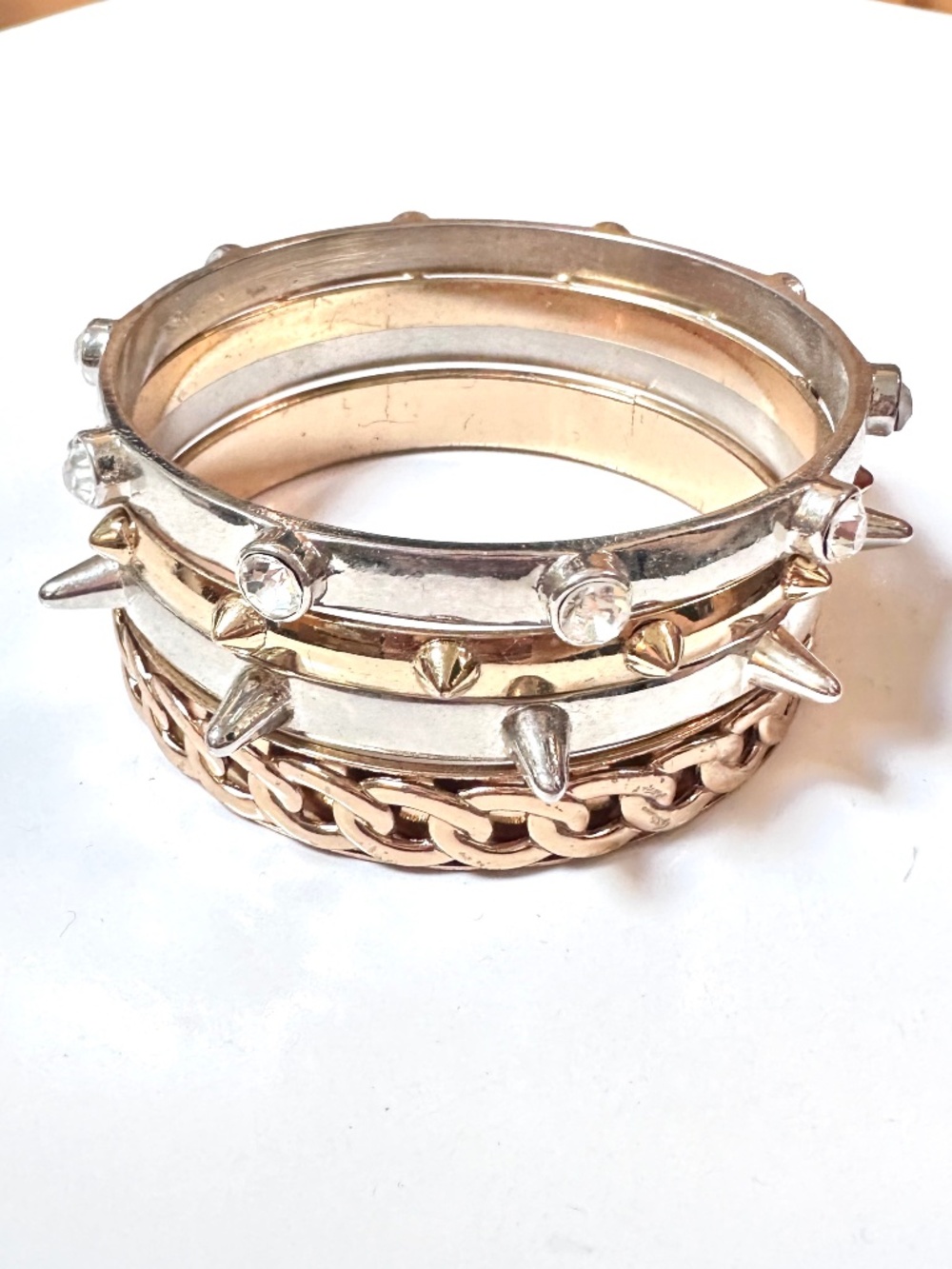 Mixed Metal Mini Spike Bangle Stack - Set of 4 Gold & Silver Studded Bracelets